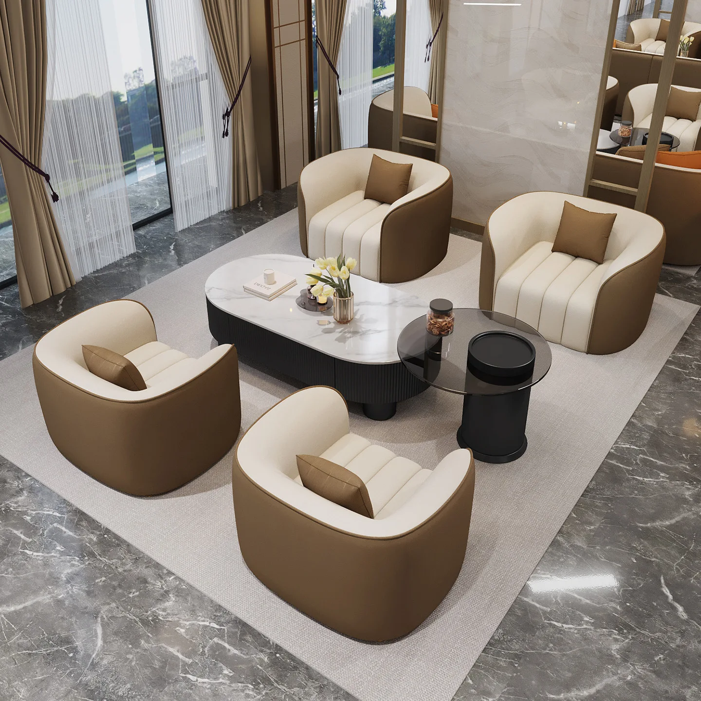 

！@Modern Leather Sectional Sofa & Chair Set Ergonomic Upholstered Furniture for Home Office & Commercial Spaces Luxury Design