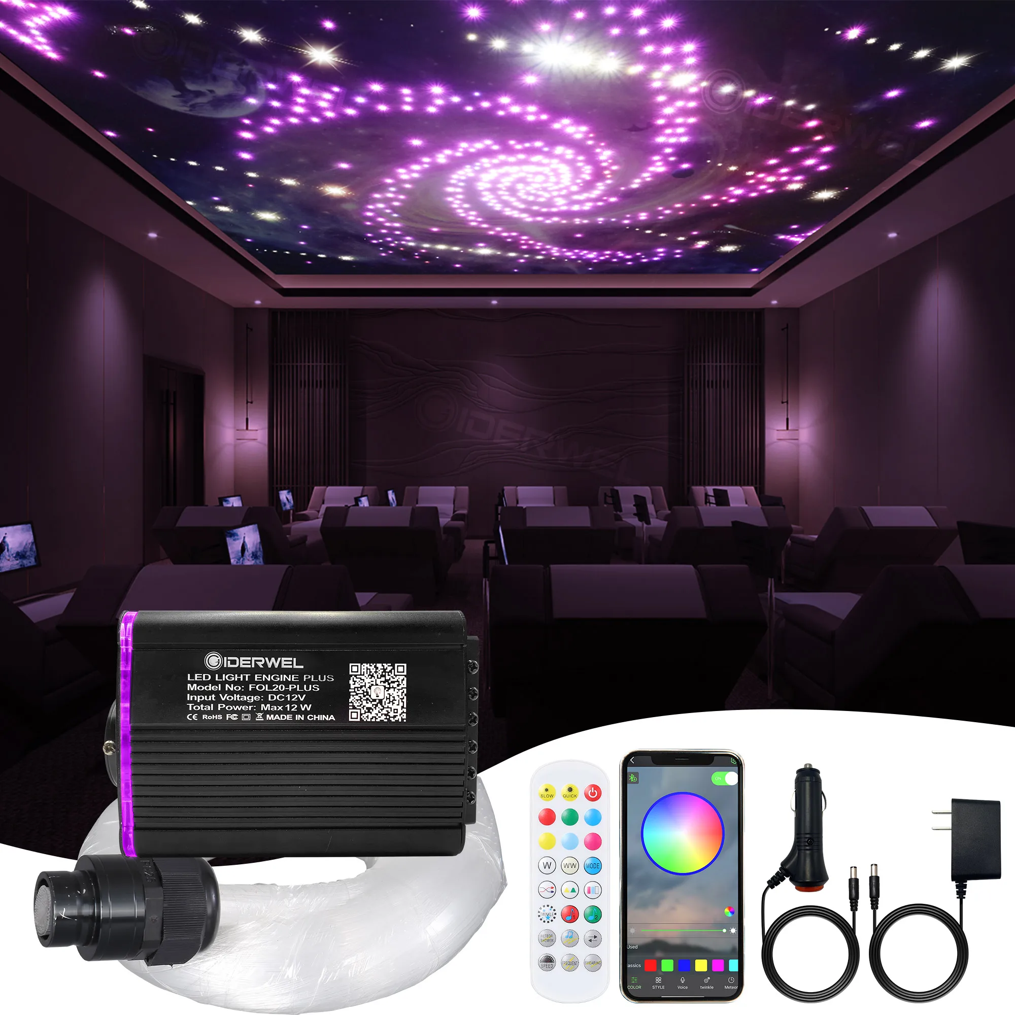 smart led fiber light engine twinkle e shooting star luz de teto bluetooth app controle rf para carro theater rgbw dc 12v 01