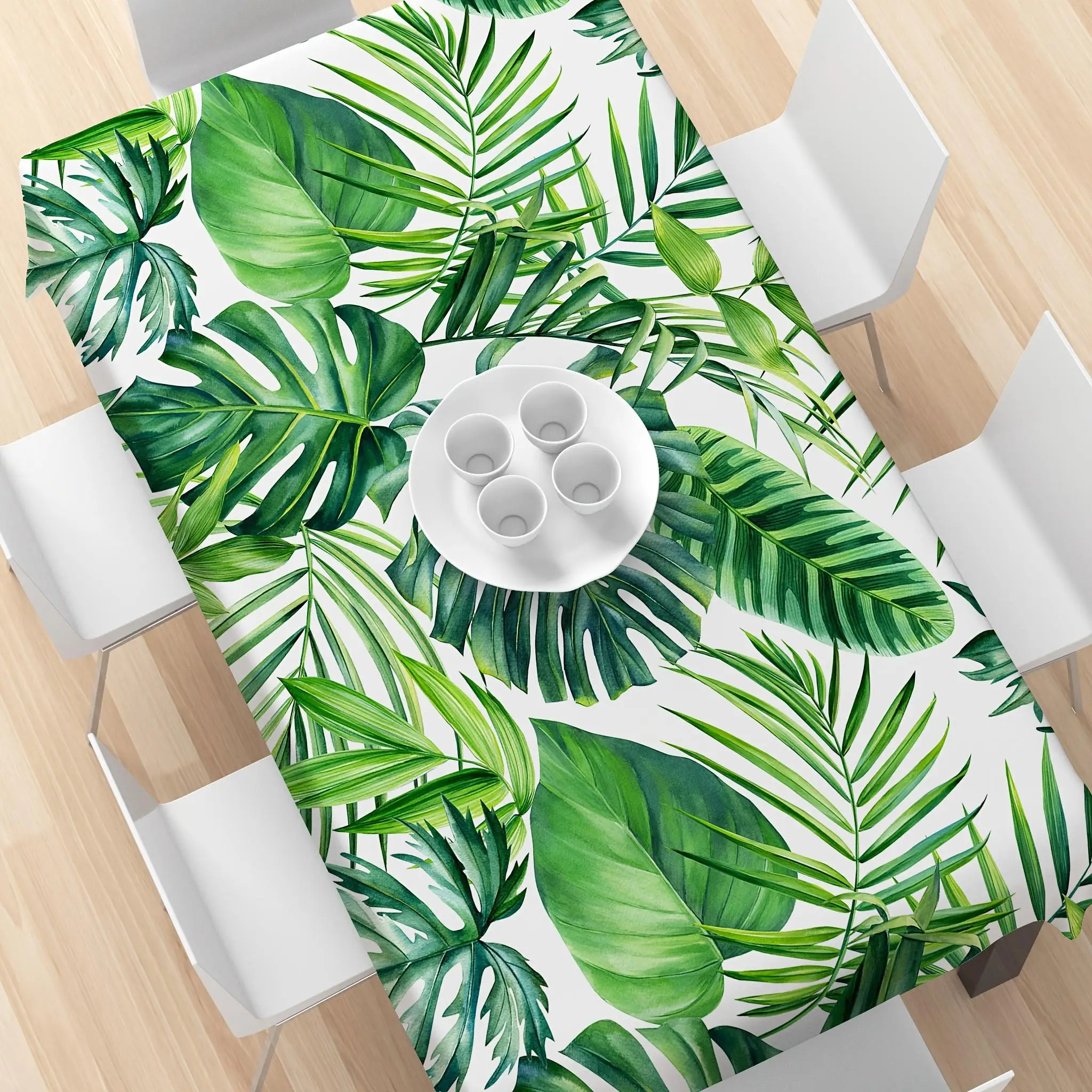 2D Printed 59X59in/150X150cm Tropical Leaf Print Rectangular Tablecloth - Vibrant Green Palm & Monstera Design, Durable Polyester Fabric, Perfect for Indoor/Outdoor Dining, Kitchen, Parties, Weddings, And Picnics, Outdoor Dining Accessory | Vibrant
