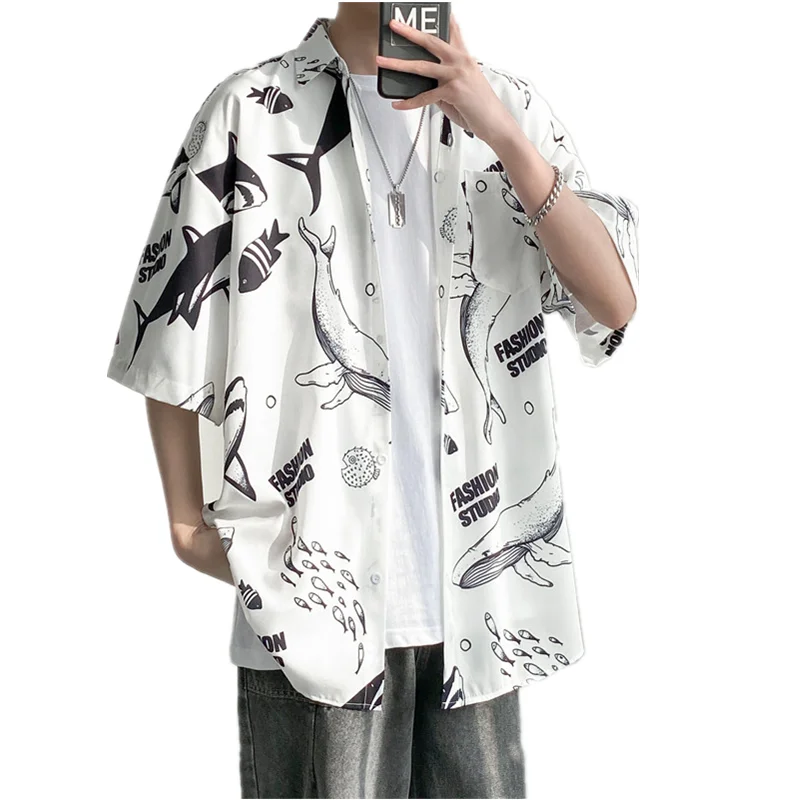 Men Street Fashion Summer Daily Shirt Hawaiian Whales Shark Cartoon Print Casual Loose Shirts Short Sleeve Beach Loose Tops