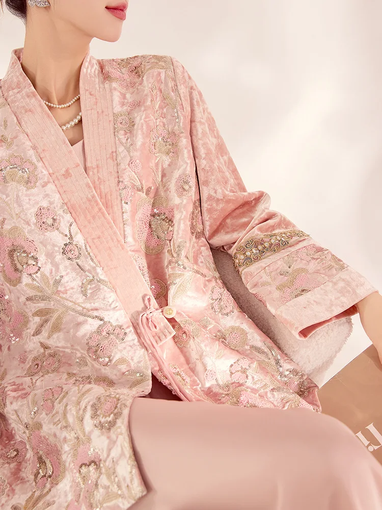 Chinese Style Kimono Cardigan Gown Women Costume Traditional Japanese Yukata Haori Coat Outwear Luxury Embroidery Sequin Jacket