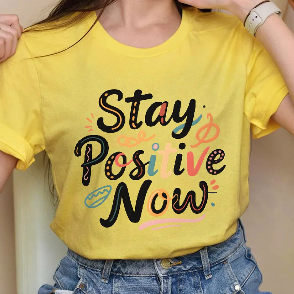 

Stay Positive Now с принтом букв Y2K Красочная женская одежда Хлопковая повседневная футболка с круглым вырезом Футболки с графическим рисунком Уличная одежда