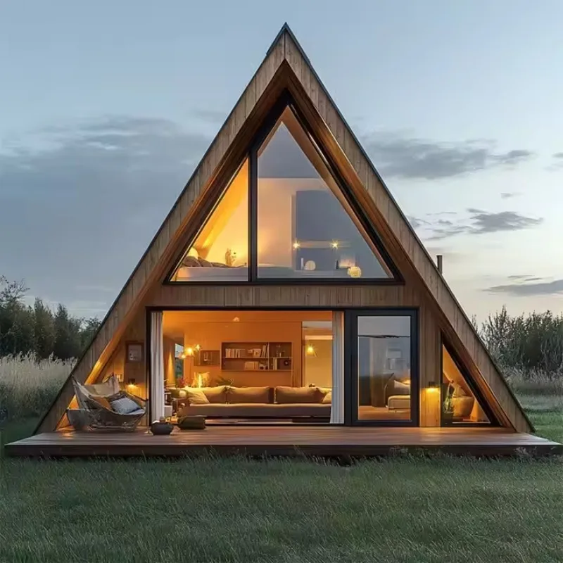 Luxury Triangular Glamping House Wood A Frame Tiny House Spacious Interior with Furniture for High-End Camping Experience