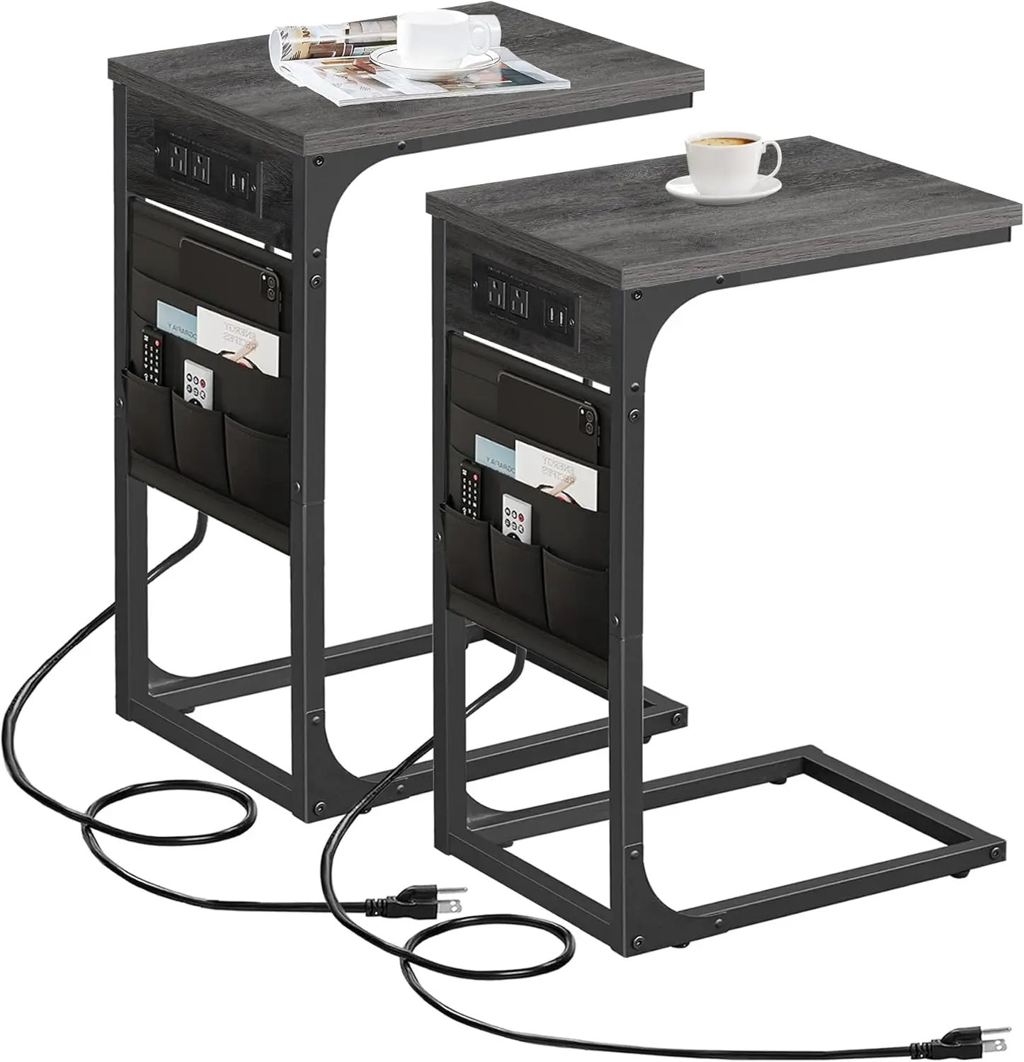 

C Shaped End Table with Charging 2 USB Ports Side Table for Sofa Couch with Storage Bag Set of 2