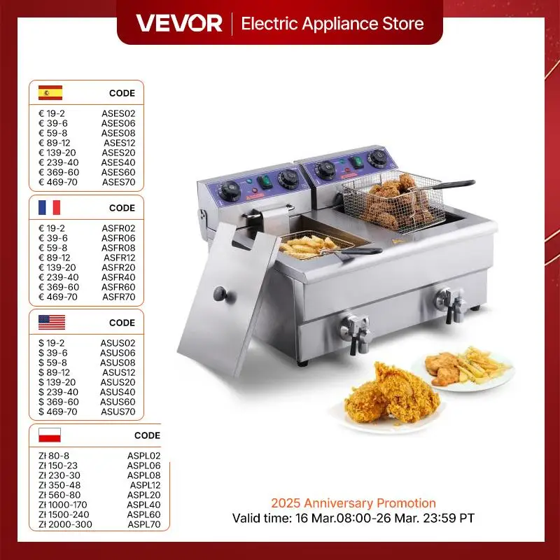 مقلاة عميقة كهربائية VEVOR مع خزانات مزدوجة قابلة للإزالة 12L 5000 واط مقلاة تجارية مع سطح طاولة للدجاج والبطاطس المقلية رقائق قلي