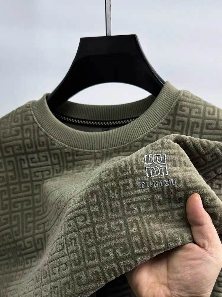 High end luxury brand fashion printed sweater men 2023 autumn/winter new double-sided plush thickened casual round neck pullover