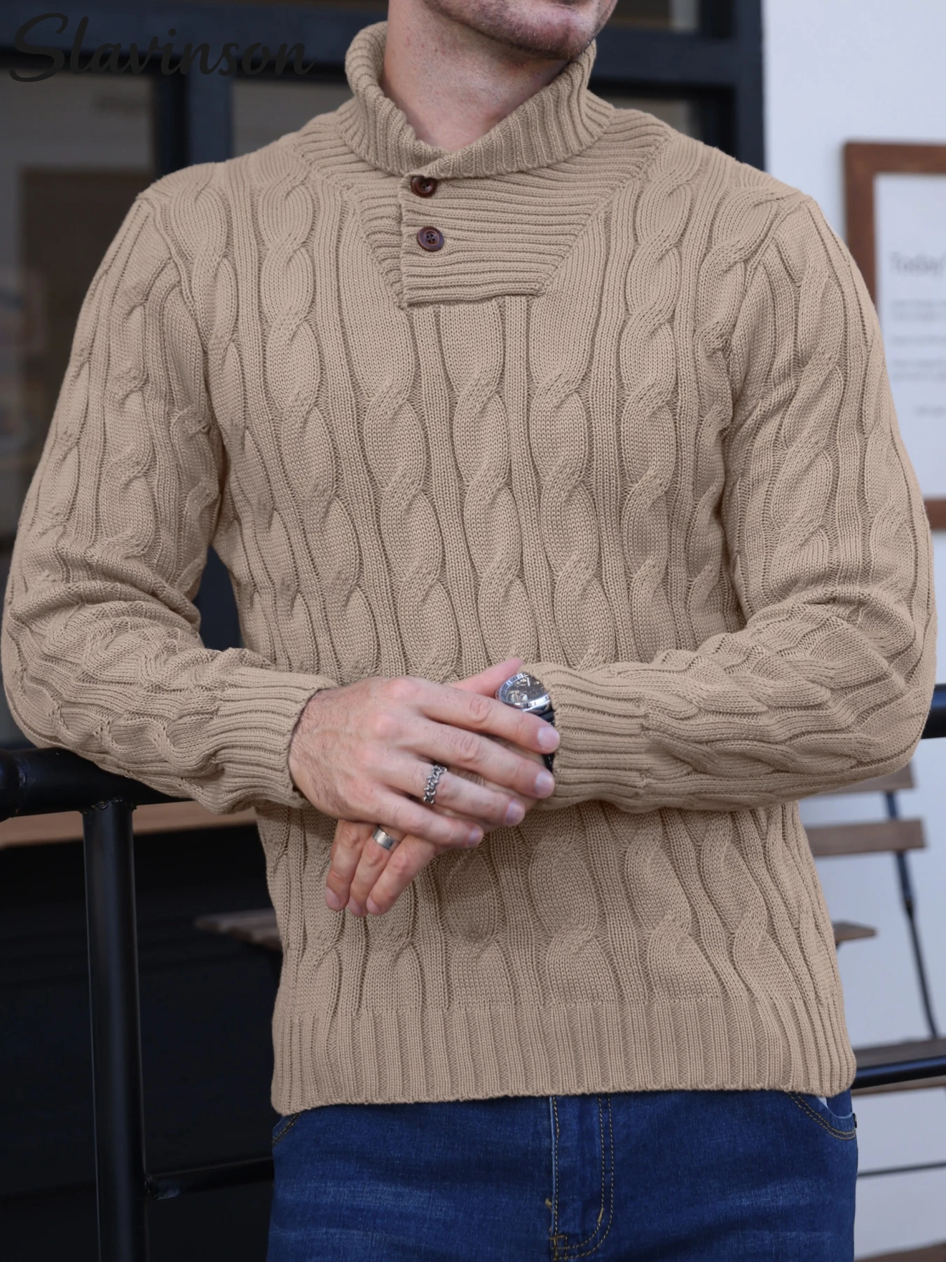 Ropa de otoño para hombre: camisa de punto texturizada con botones y solapa, cálida y cómoda para ir al trabajo