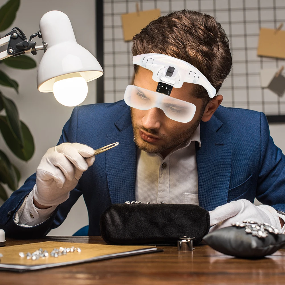 Kaca Pembesar LED dengan Baterai, Loupe Perhiasan dengan Lampu LED, Kaca Pembesar dengan Headband untuk Membaca, Inspeksi Perhiasan & Pekerjaan Dekat