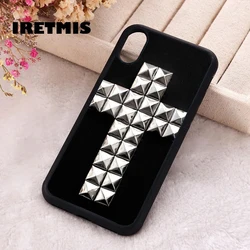 Iretmis Phone Cover Case For iPhone X XS Max XR 11 12 13 PRO MINI 14 15 16 Plus Silicone Rubber Silver Cross Studded Black