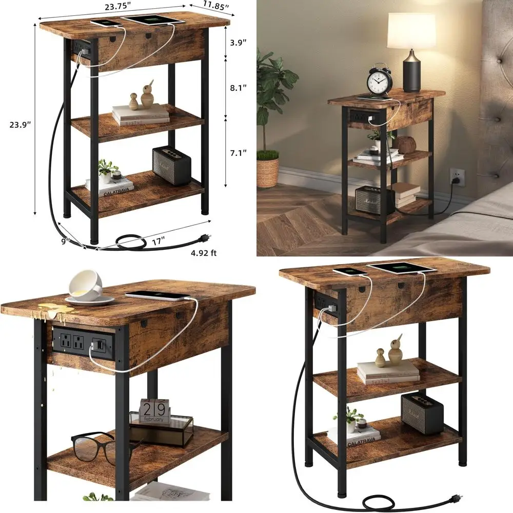 

Торцевой столик с зарядной станцией, приставной столик с откидной крышкой и USB-портами и розетками, тумбочка для небольших помещений, прикроватные тумбочки