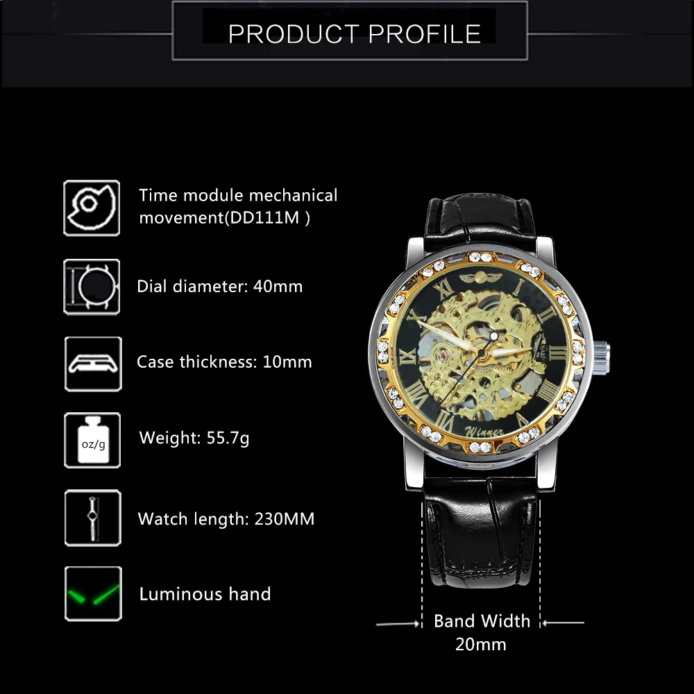 Unisex Classic Skeleton Mens Watch Luxury Diamond Case Gold Mechanical Watches Casual Leather Steel Strap Luminous WINNER Clock