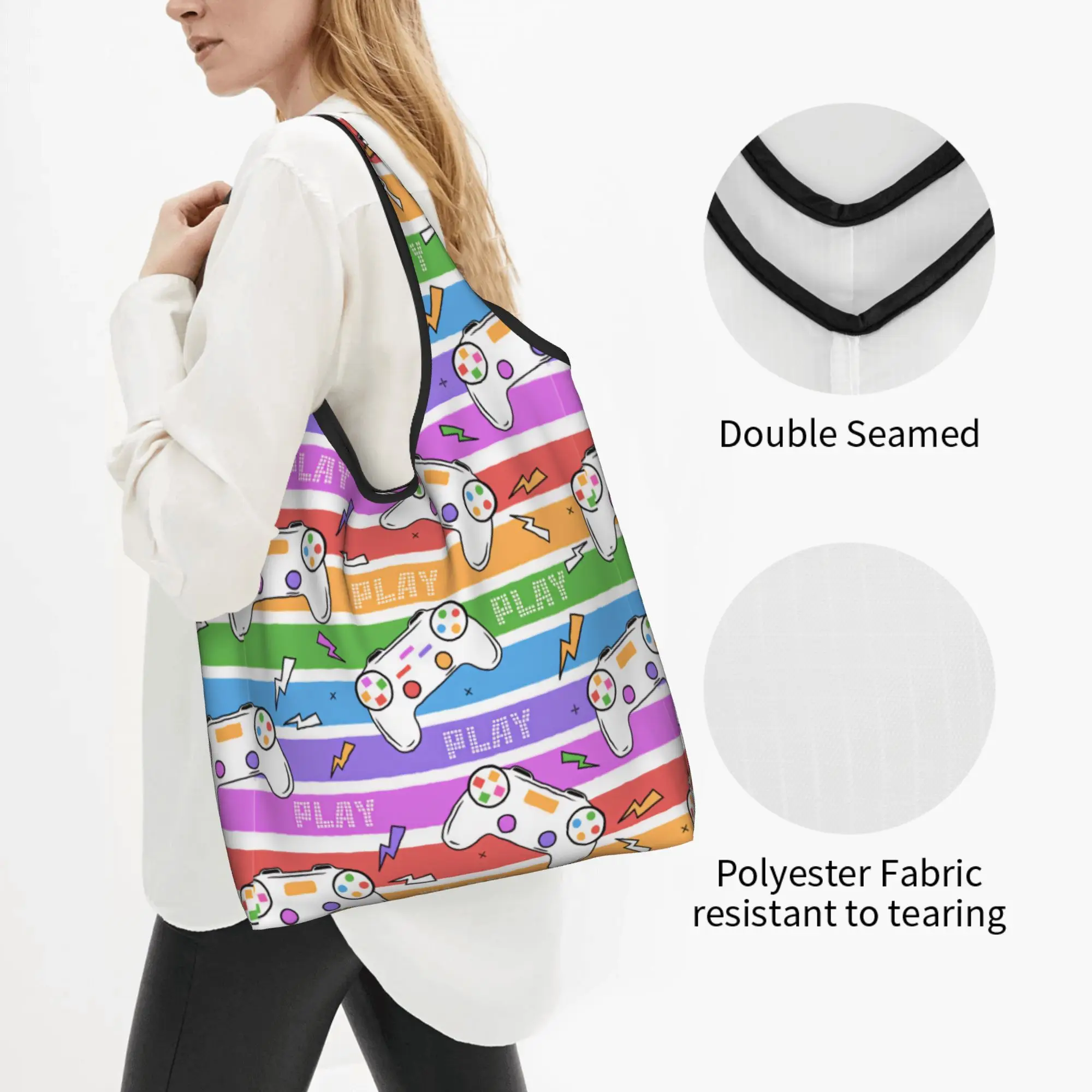 Joystick Video Game Controllers PLAY Groceries Shopping Bags Cute Shopper Tote Shoulder Bag Big Capacity Pop Art Style Handbag