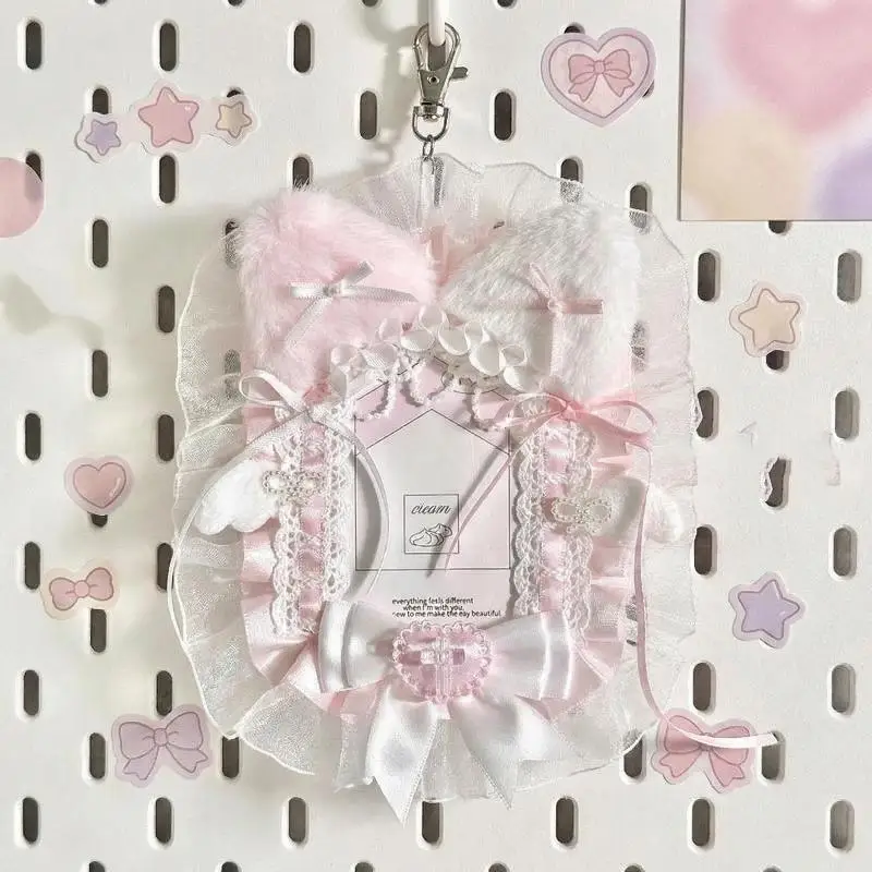 Cute Plush Lace Photocard Holder Bow Pendant Anime Style Photo Protector Case for Idol Cards Collection Bag Display