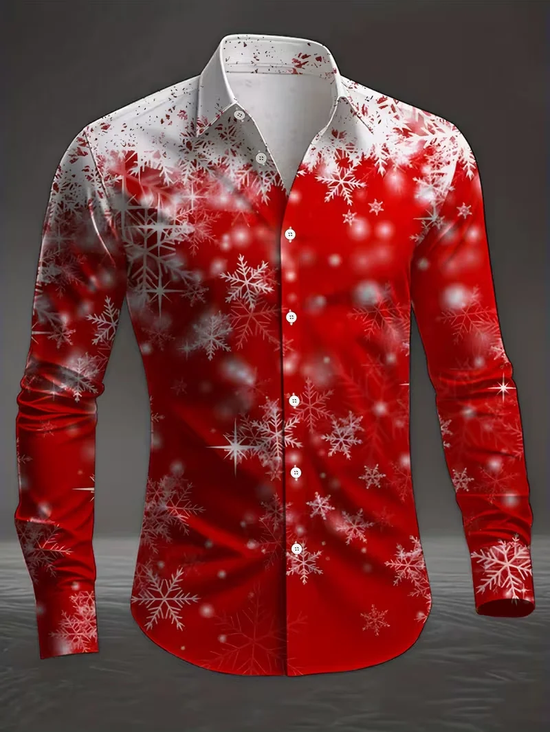 New men's long sleeved shirt Christmas retro snowflake print long sleeved button up shirt Christmas formal shirt