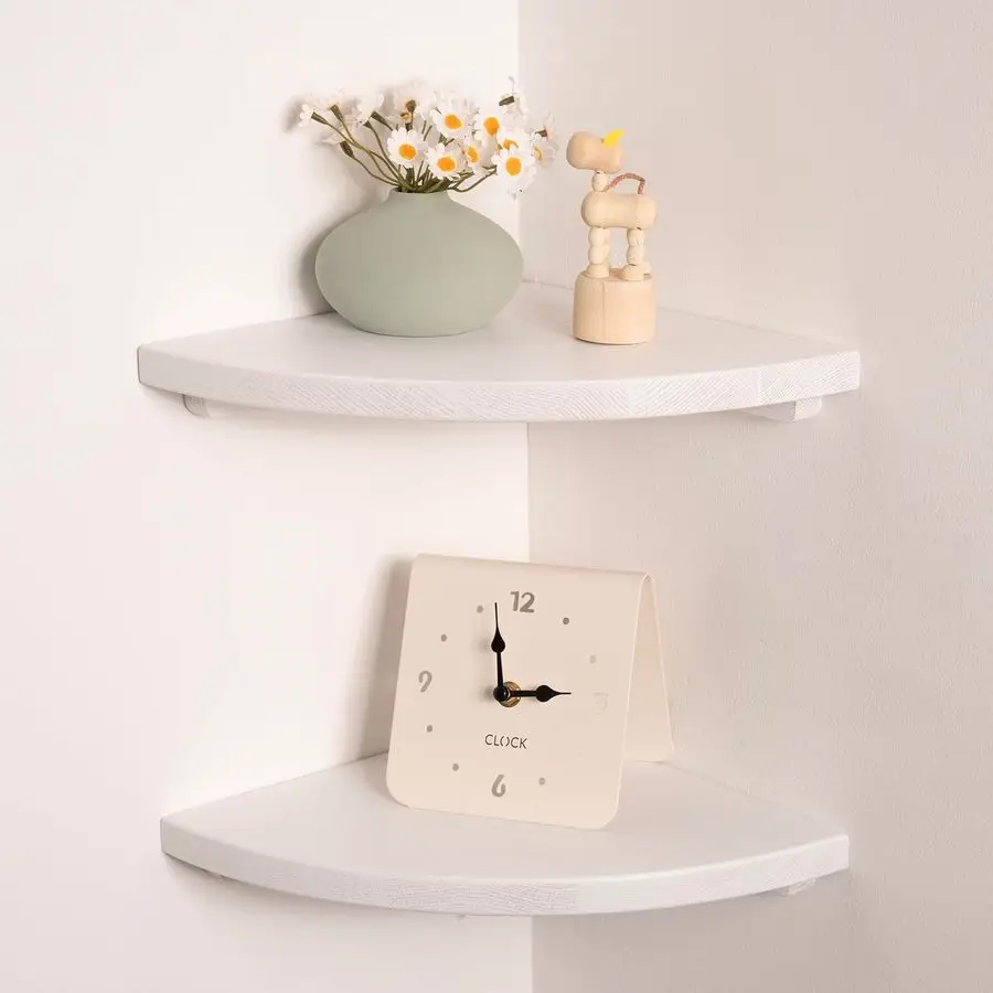 

Corner Shelves White 10, Solid Oak Wall Mounted Wooden Display Storage Rack with Wire Hole for Plants, Photos, Speakers, Bedroom