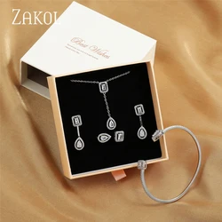 ZAKOL Brand Zircon Wedding Party 4pcs Jewelry Set With Gift Box Shiny Silver Color CZ Engagement Accessories Gift For Women