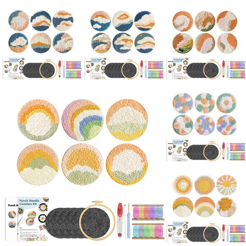 

GATYZTORY Landscapes Punch Needle Coasters Kit Easy DIY Punch Needle Embroidery Kit for BeginnersTools, Yarns, Hoop, Instruction