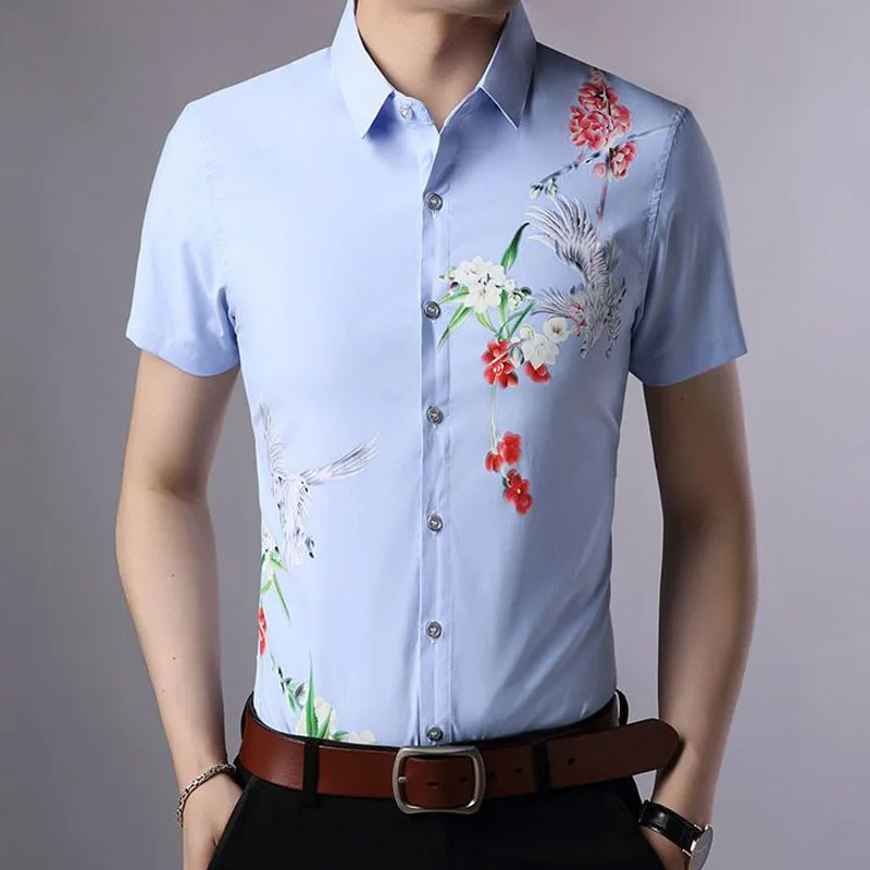 Fashion Casual Floral Printed Solid Color Shirt Male Clothes 2023 Summer Korean Short Sleeve Polo-Neck Button Shirt for Men