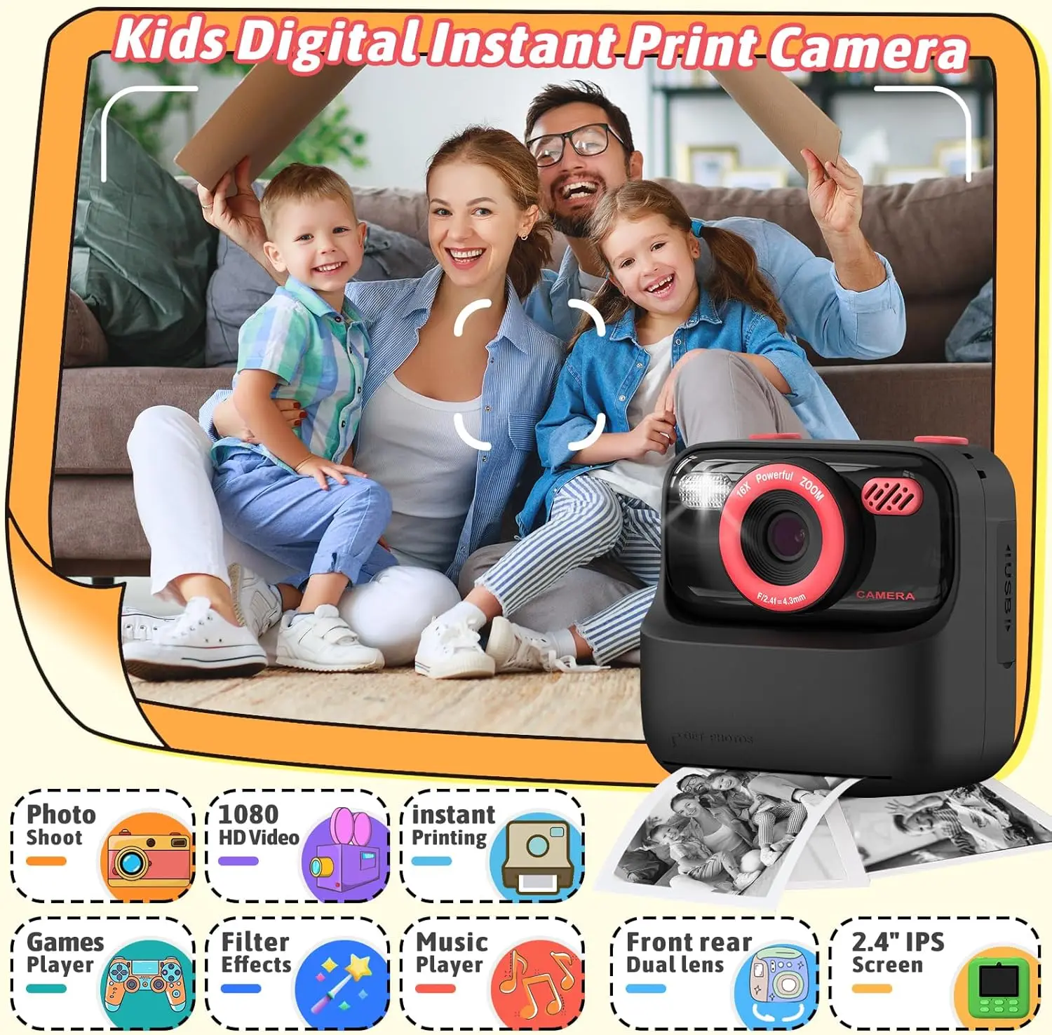 Appareil photo numérique pour enfants, impression instantanée 080P HD, double objectif, Selfie, avec papier imprimé et carte 32G, jouets cadeaux de noël et d'anniversaire