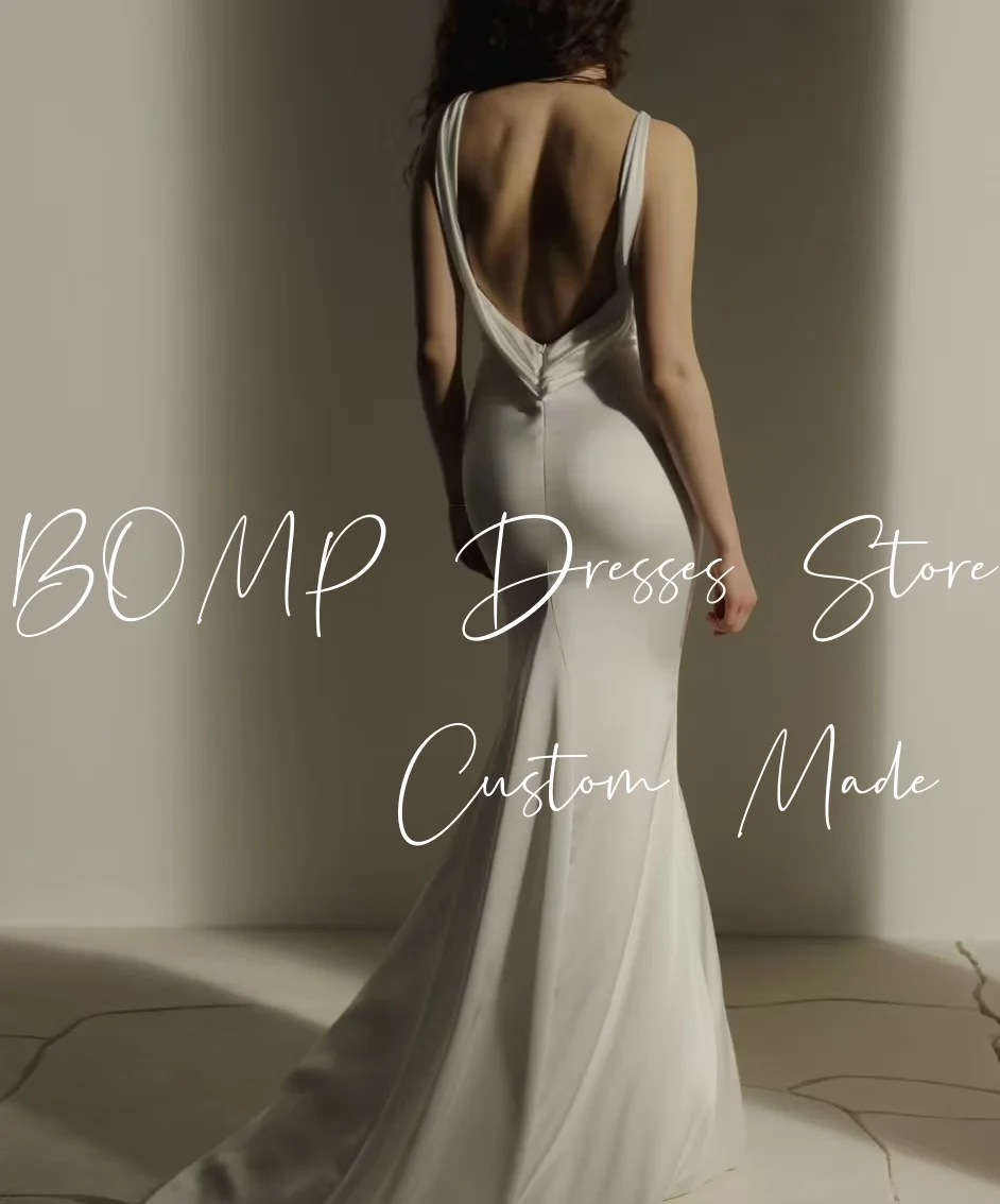 BOMP เรียบง่ายงานแต่งงานชุด V คอ backless นางเงือกสวีปเทรนไอวอรี่ซาตินชุดเจ้าสาวที่กำหนดเองสง่างามเดรส เดอ โนเวีย