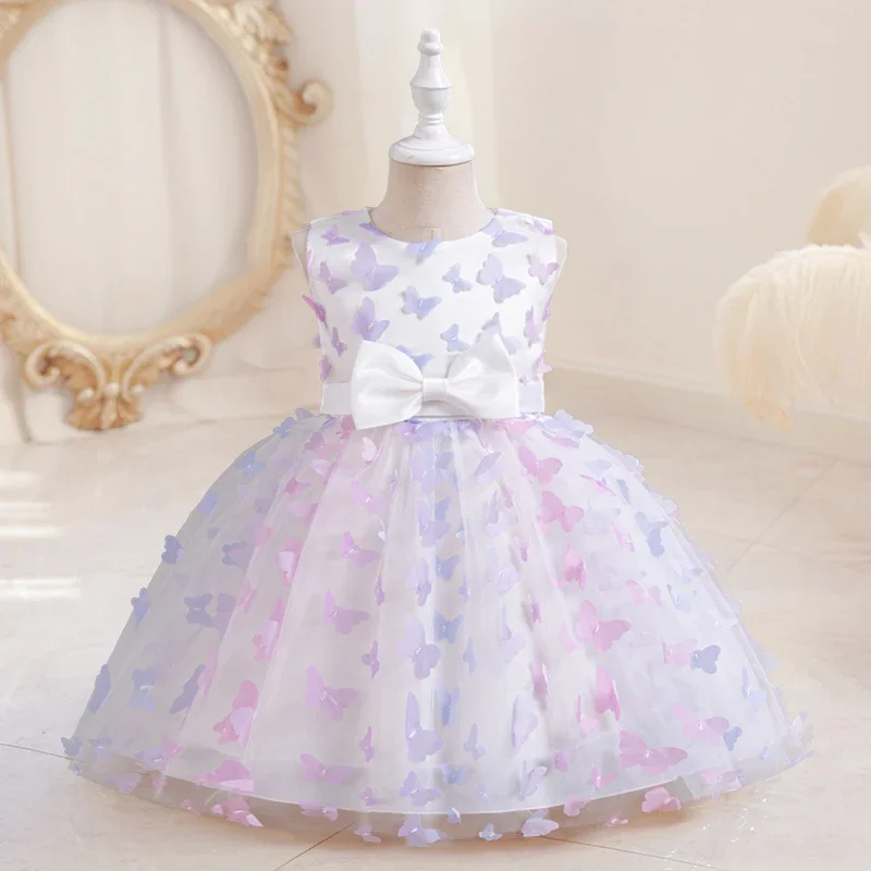 Little Girls Summer Party Dress Sequin Sleeveless Dress for Girls Princess 3D Butterfly Mesh Tutu Children Birthday Wedding Gown