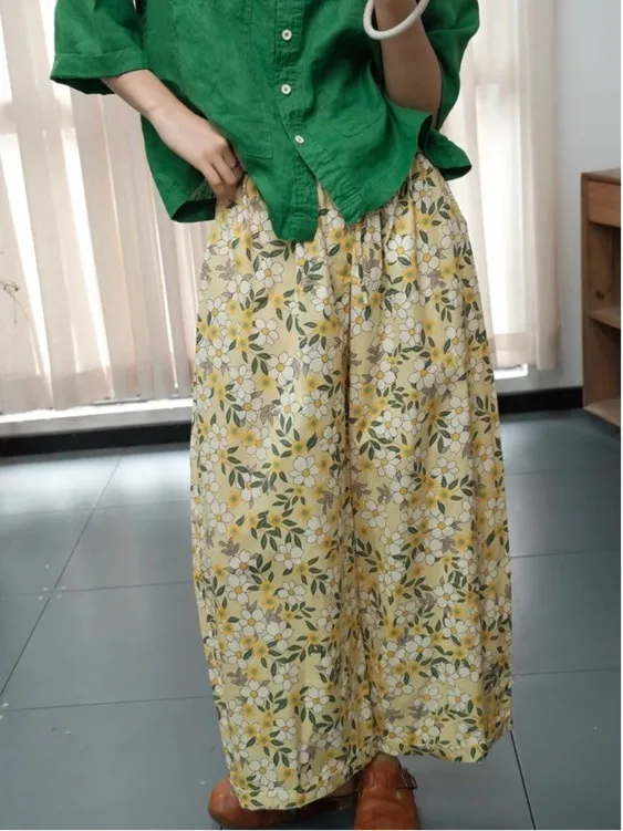 

Широкие брюки с деревенским принтом в стиле ретро, свободные повседневные летние джинсы, большие размеры, женские утягивающие брюки с эластичной резинкой на талии