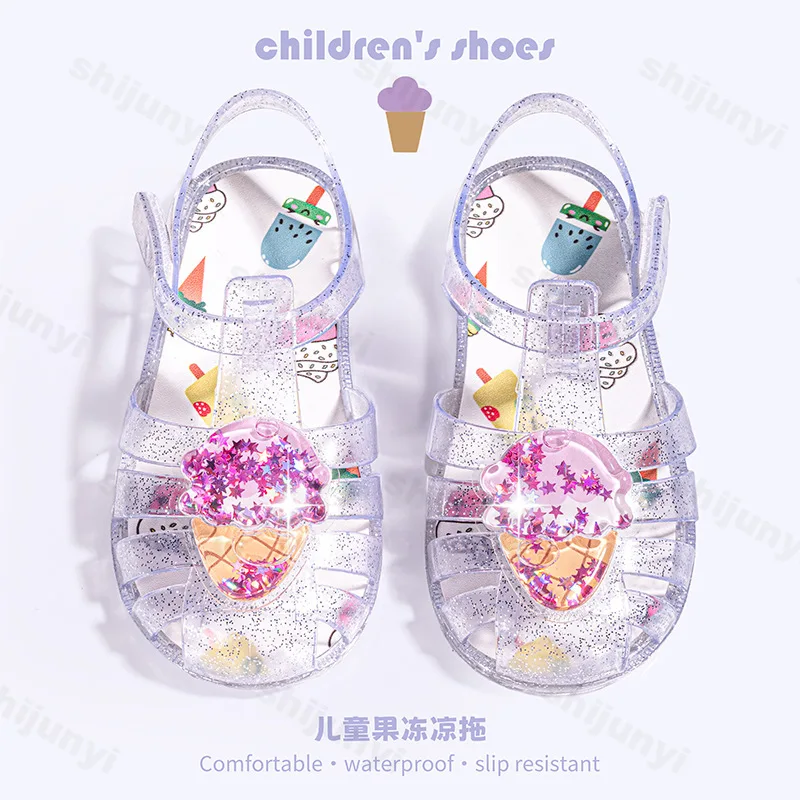 

New 2025 Girls Princess Beach Sandals Fashion PVC Sequin Children's Sparkle Butterfly Jelly Shoes Kids Outdoor Roman Shoes