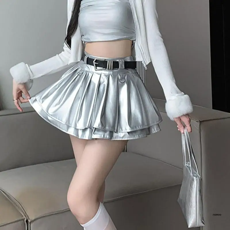 Elegant Pleated Mini Skirt With Belt For Women Comfortable Breathable Fabric Short Dress Metallic PU Skirts