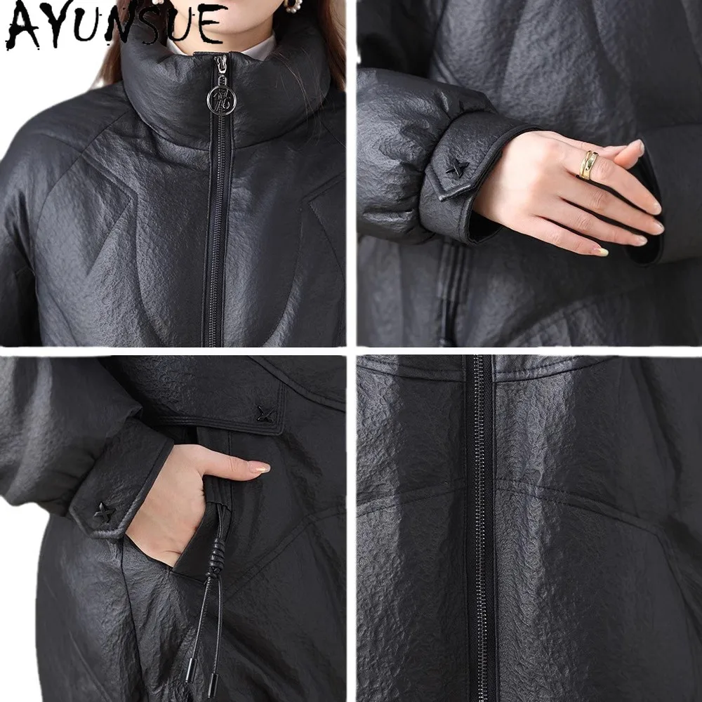 AYUNSUE 양피 정품 가죽 자켓 여성 2025 겨울 의류 90% 화이트 오리 다운 여성 코트 루즈 피트 Jaqueta De Couro