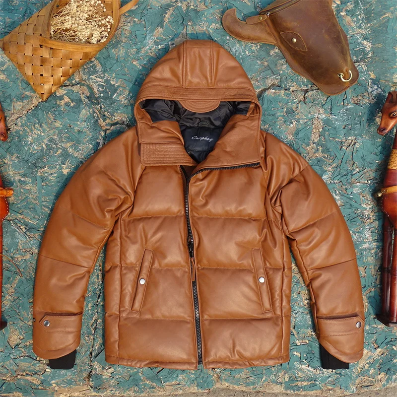 

Men's down Jaet Hooded Side Zipper eepskin Leather Coat 90 down Hoof Sve Busin Sle Winter Warm Coat
