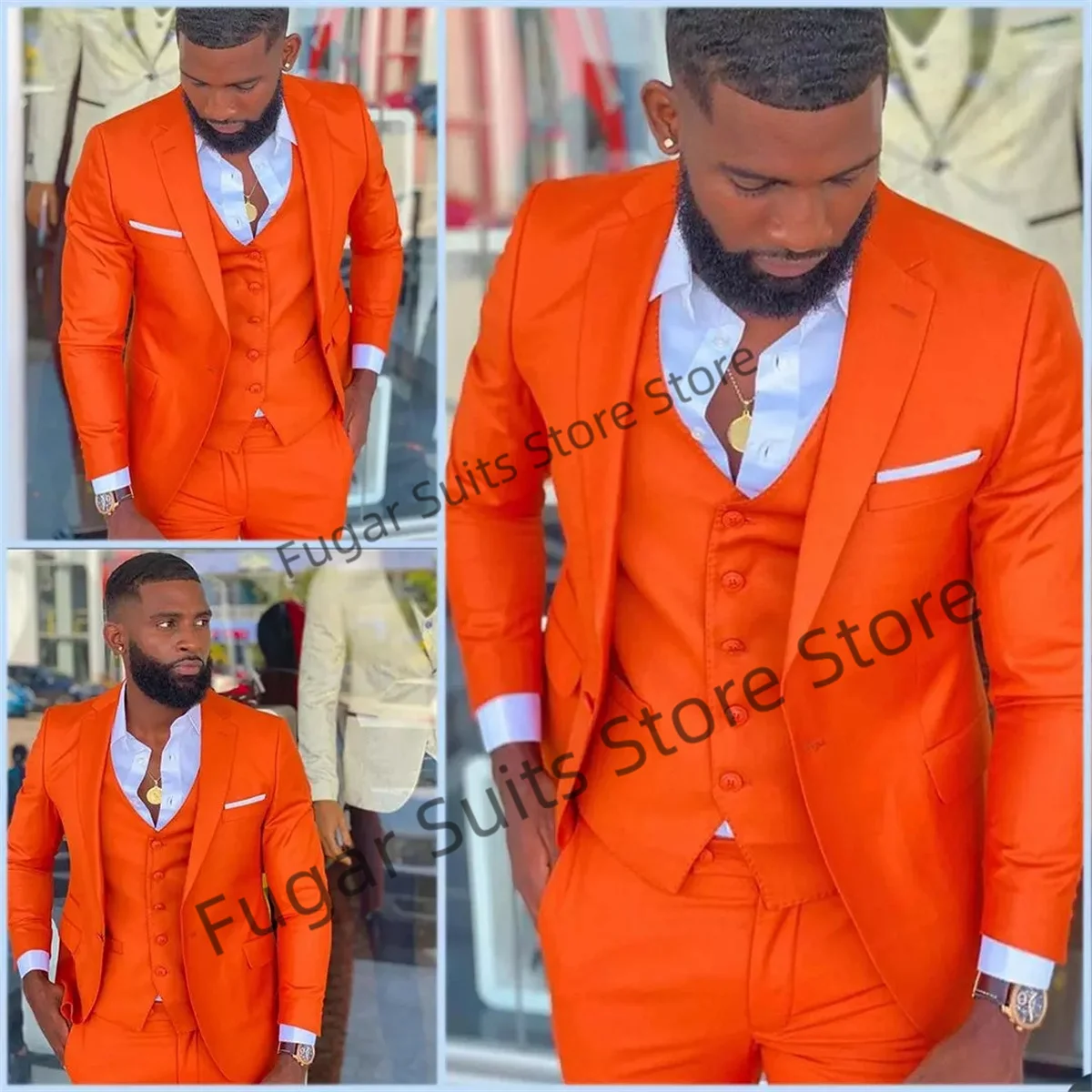 

Fashion Bright Orange Wedding Men Suits Peak Lapel Custom Groom Tuxedo 3 Pieces Sets Business Male Blazer Costume Homme