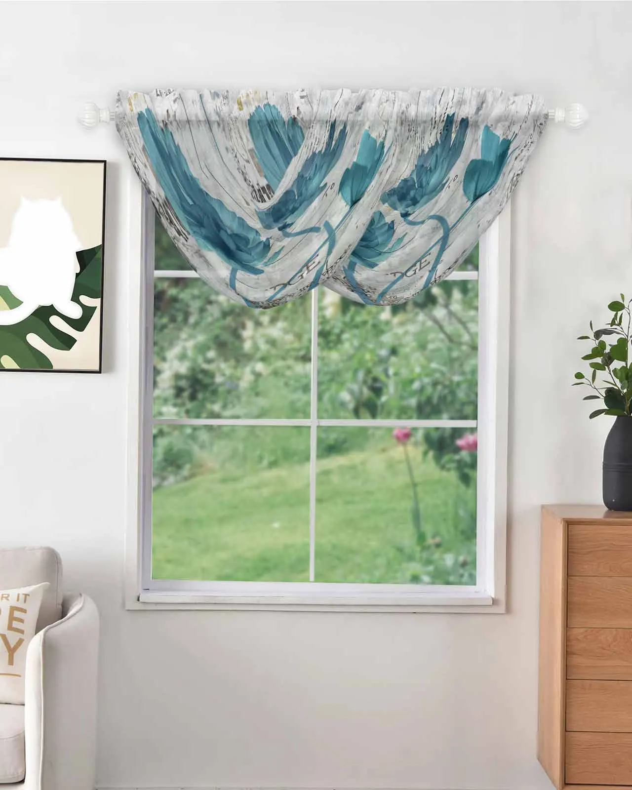 Plant Rose Flower Retro Old Newspaper Sheer Tulle Curtains for Kitchen Bathroom Balcony Window Transparent Voile Drapery