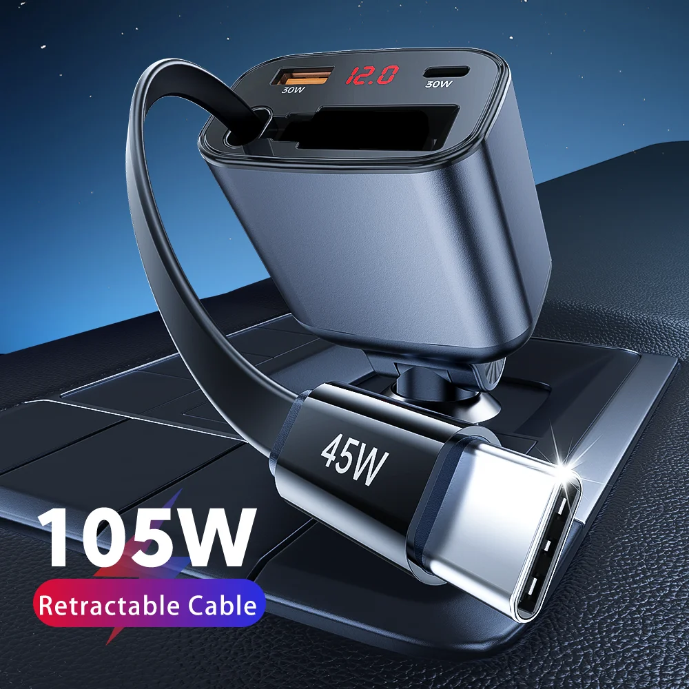 

Новое автомобильное зарядное устройство с телескопическим кабелем, 100 Вт, мощное автомобильное зарядное устройство с телескопической линией 3 в 1, сверхбыстрая зарядка