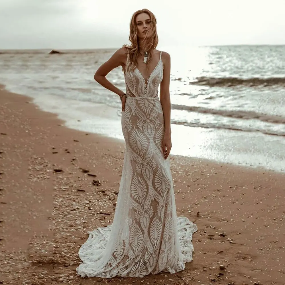 Boho Sexy Lace V Neck Beach Mermaid Wedding Dresses 2024 Spaghetti Straps Sleeveless Bridal Dresses Backless Vestidos De Novia