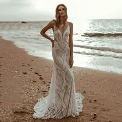 Vestido De Novia De encaje con escote en V, traje Sexy bohemio De sirena con tirantes finos, sin mangas, Espalda descubierta, 2024