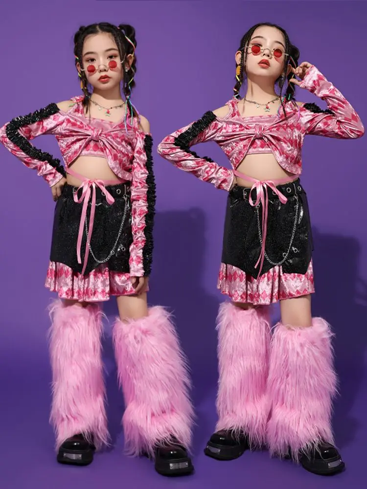 Modern Jazz Dance Costume Girls Pink Crop Tops Feather Calf Cover Kids Hip Hop Performance Clothes Fashion Stage Wear