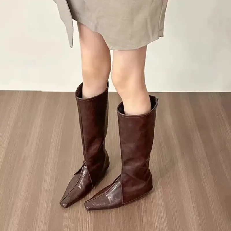 Flat Heel High Boots with Pointed Toe and Heightened Interior Design 2025 Autumn and Winter New Rear Zip Leather Shoes