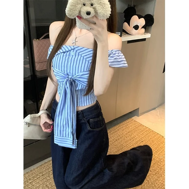 Koreaanse Sle Chic Gestreepte ort Fit vrouwen irt Zomer Nieuwe Sle Trendy Tie oulder Top Woon-werk Sle Een schouder Ontwerp
