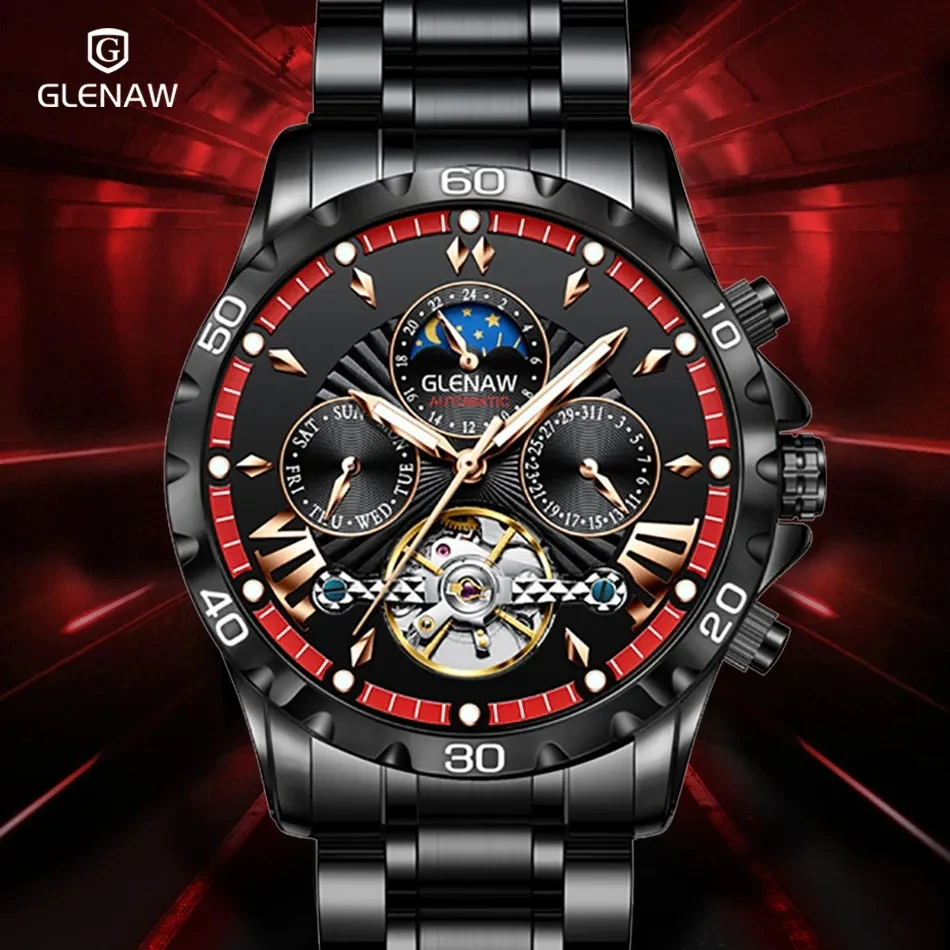 2023 New GLENAW Original Design Men's Automatic Mechanical Watch Leisure Fashion Nightlight Date Watch Waterproof Nightlight+Box