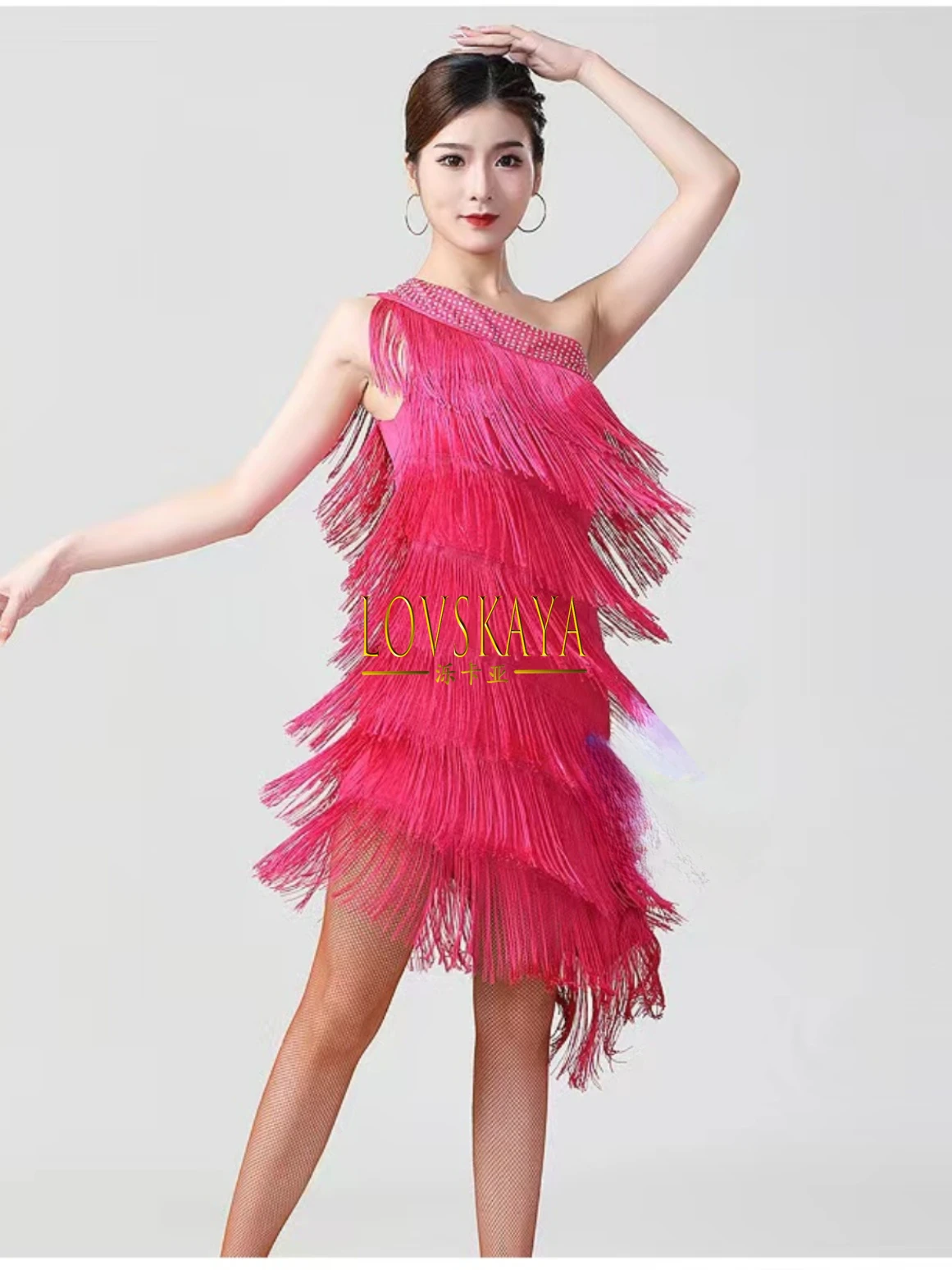 Latin dance costume, performance dress, ball tassel, Latin dance stage competition dress, diagonal shoulder hot diamond dress