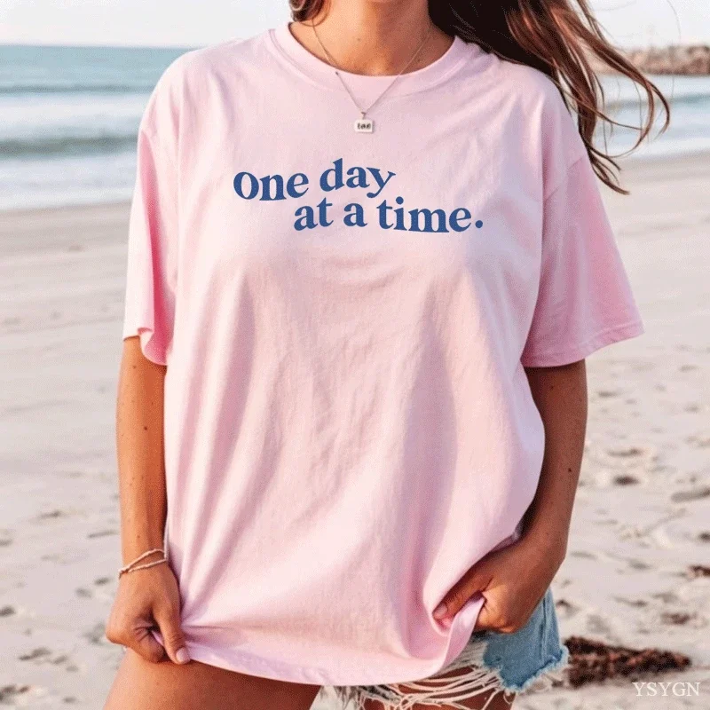 Womens Short Sleeve T Shirt One Day At A Time Letter Print Crew Neck Tees Simple Minimal Loose Fit Daily Tops