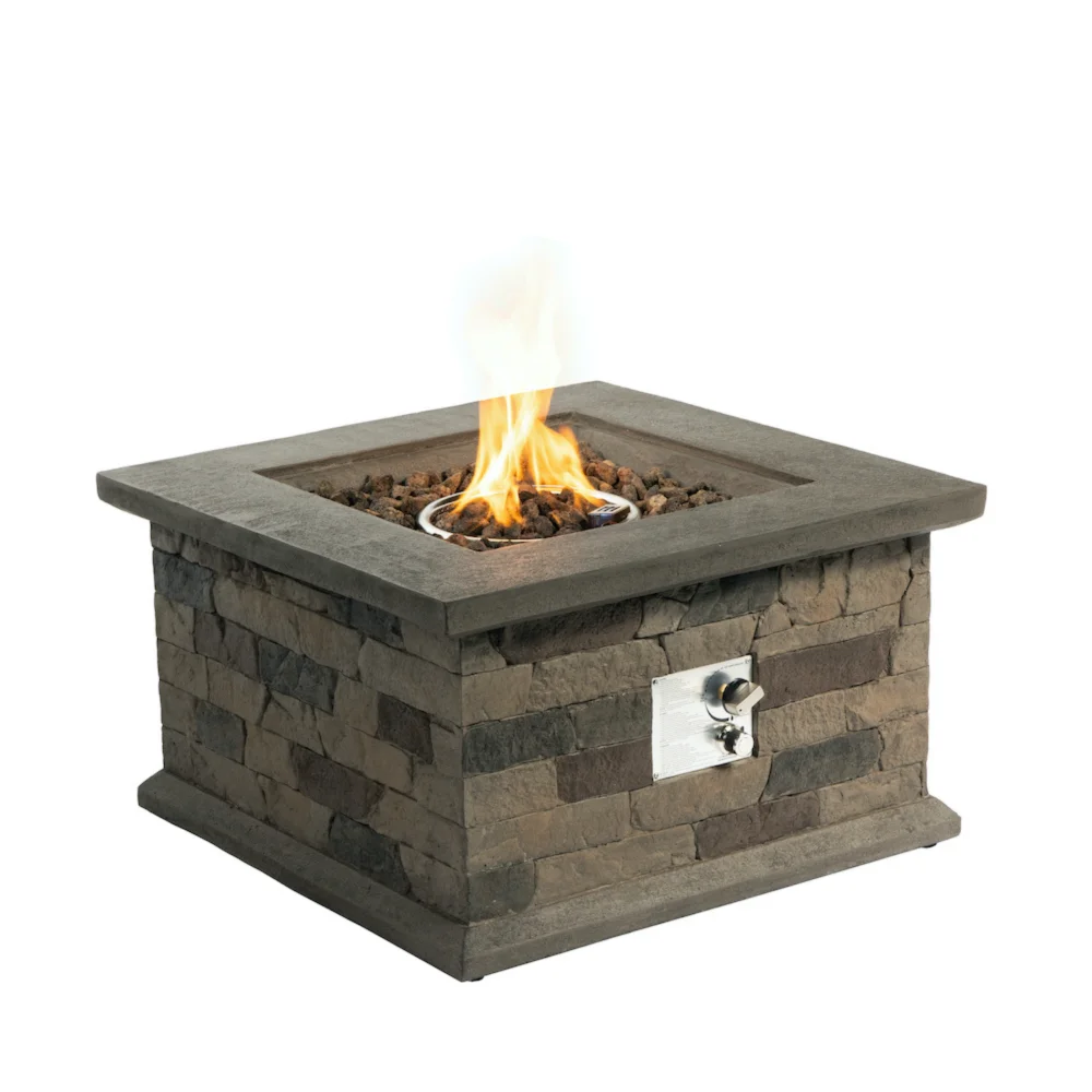 Outdoor Propane Fire Pit Table 28-inch Imitation Stone Square Concrete Propane Fire Pit with Lava Rocks and Rain Cover 40,000