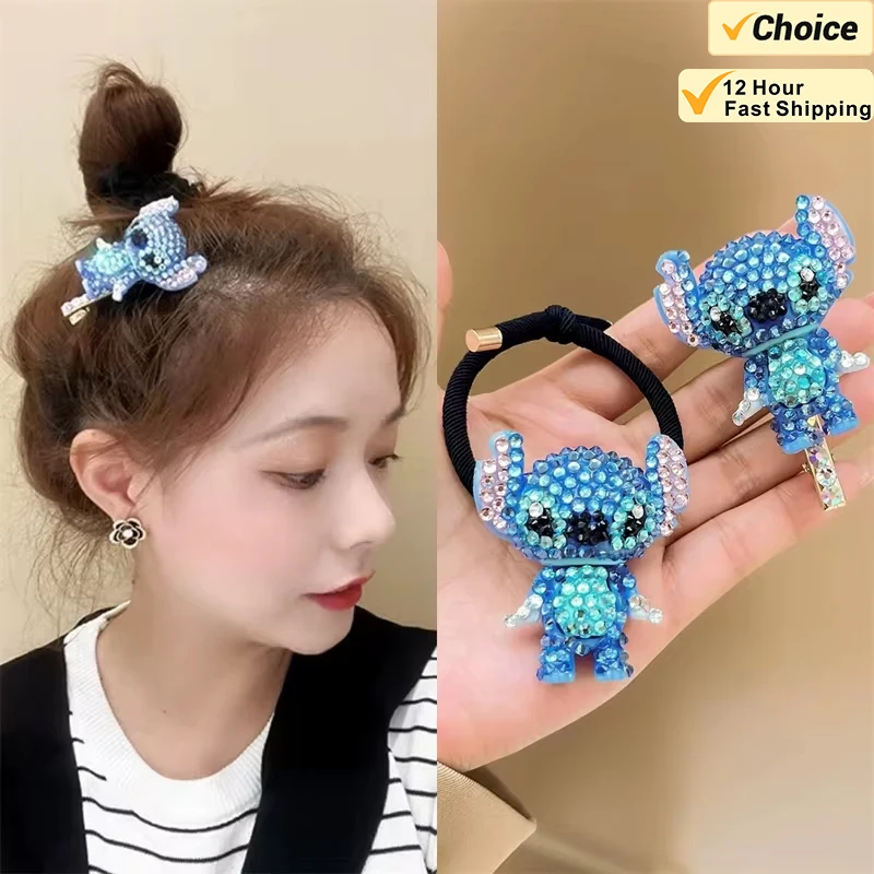 Disney Cartoon Lilo & Stitch Hair Accessories Figure Fashion Diamond Hair Clip for Girls Kawaii Modeling Rubber Band Girls Gifts