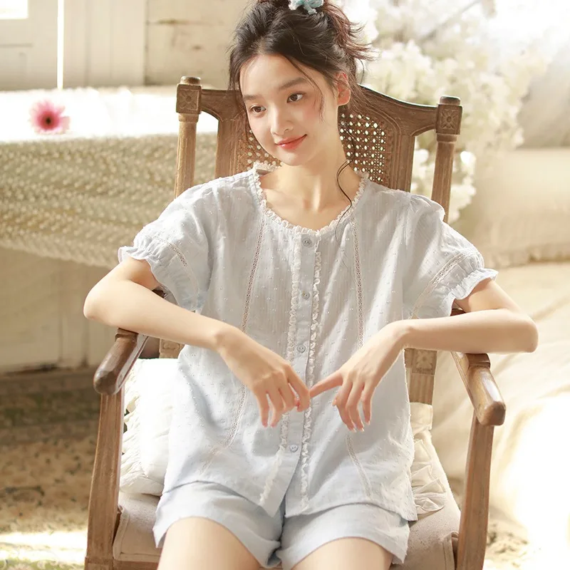 100% Women's Cotton Pajamas Short Sleeve French Sweet Style 2 Piece Loungewear Set  Casual Home Sleepwear for Summer