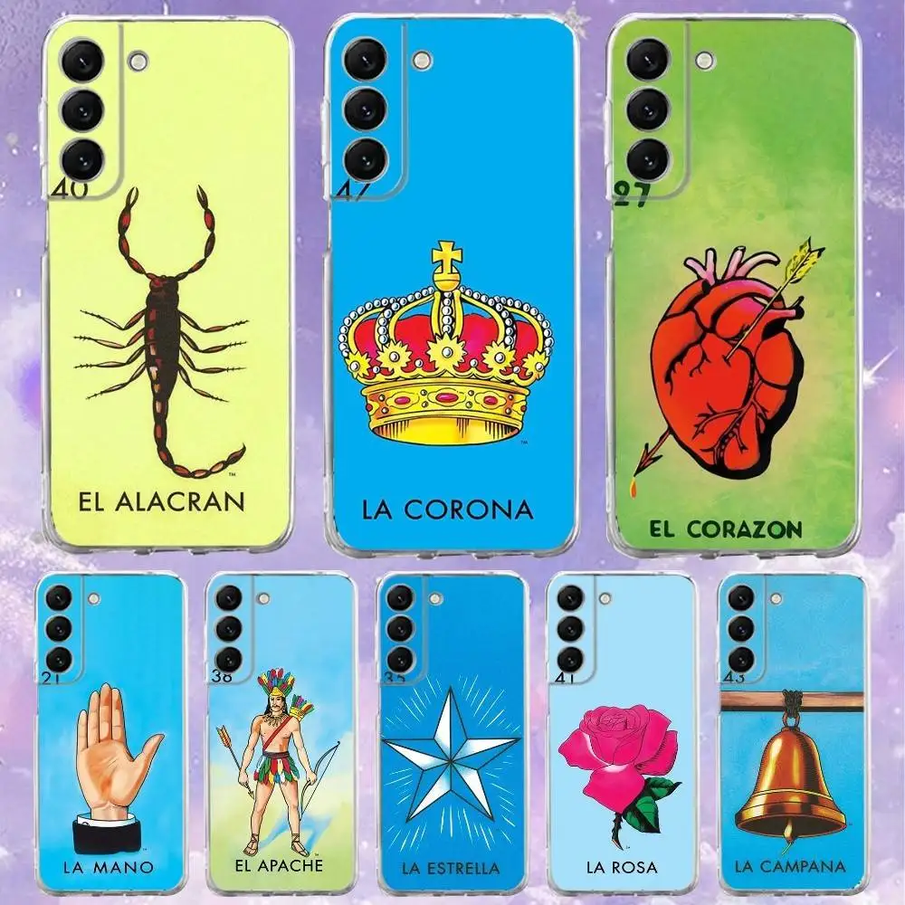 

Mexican Bingo Loteria Phone Case For Samsung S24,30,21,22,23,20 FE,lite,PIus,Ultra,5G,Note,9,10 Transparent Cover