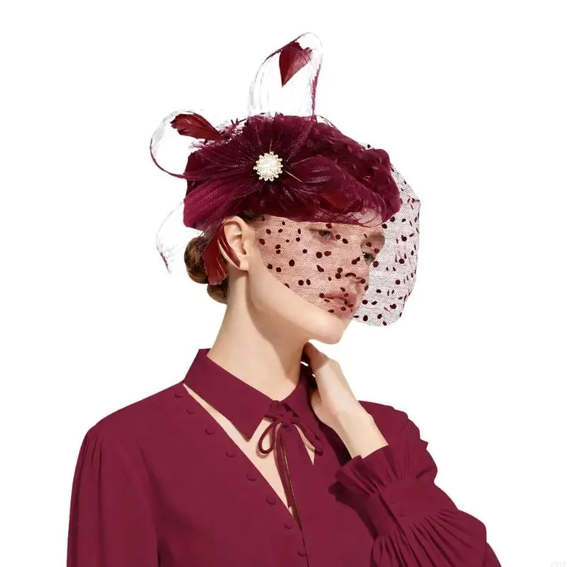 2025 New Formal Occasion Women Fascinator Cap with Layered Mesh Design and Dotted Veil