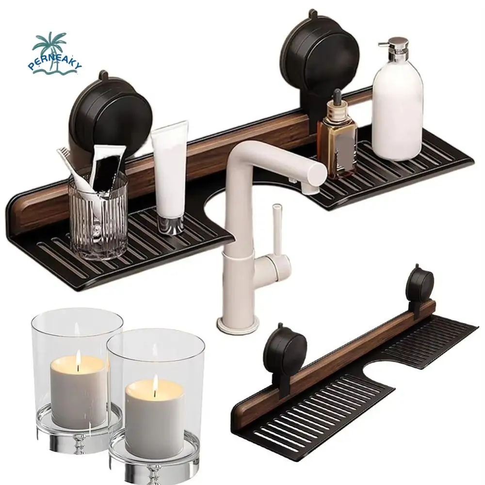 

Полка для ванной комнаты на присоске с отделкой из орехового дерева, без сверла, настенное крепление, сверхмощная стойка для хранения, подставка для лотка, нержавеющая полка для раковины над краном