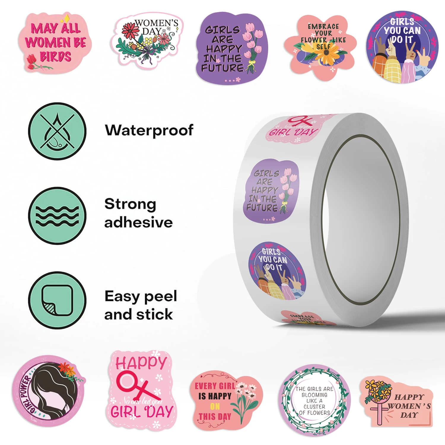 500 Stück Roll-Up-Aufkleber zum Damentag, geeignet für Mobiltelefone, Notizbücher, Gepäck und Wasserflaschen, dekorative Doodle-Aufkleber
