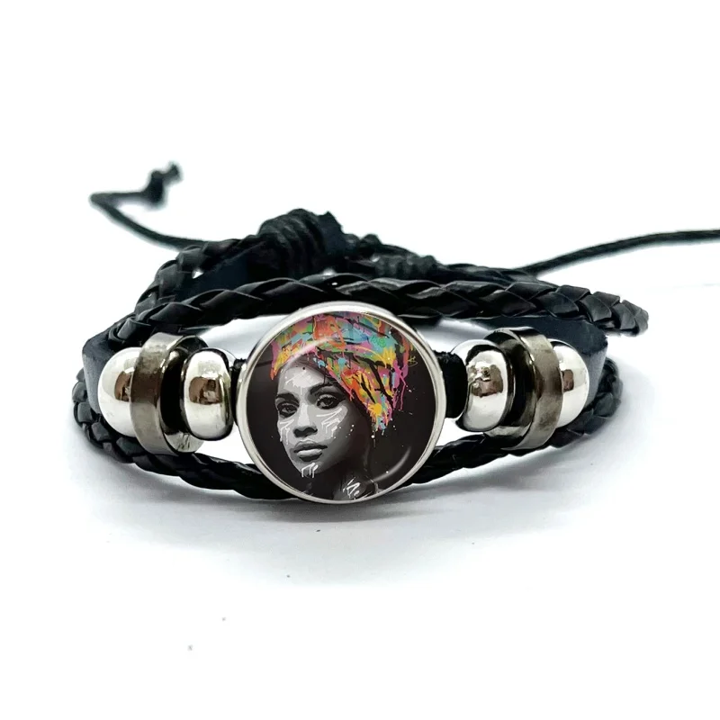 African Abstract Art Painting Afro Women Leather Bracelets Glass Dome Snap Button Bracelet & Bangles Fashion Women Men Jewelry