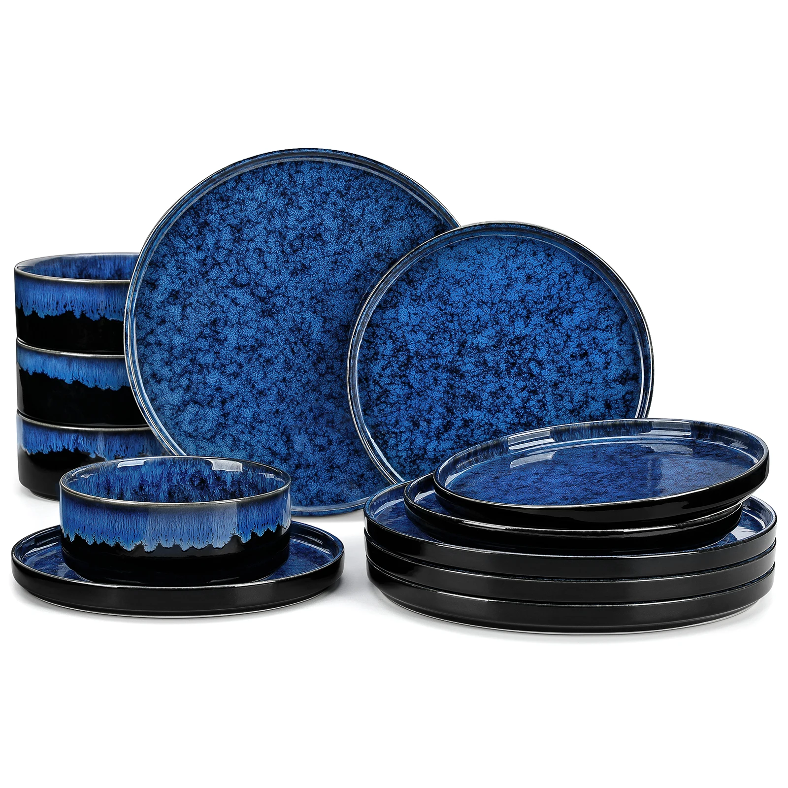 vancasso 12/24 Piece Ceramic Plates Set Blue Reactive Glaze Vertical edge Dinnerware Set with 4pcs Dinner Plate/Dessert/Bowl'